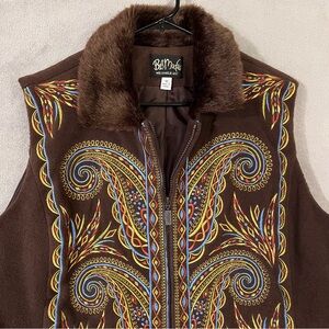 Bob Mackie Wearable Art Embroidered Fleece Vest Faux Fur Collar Brown Womens 1X
